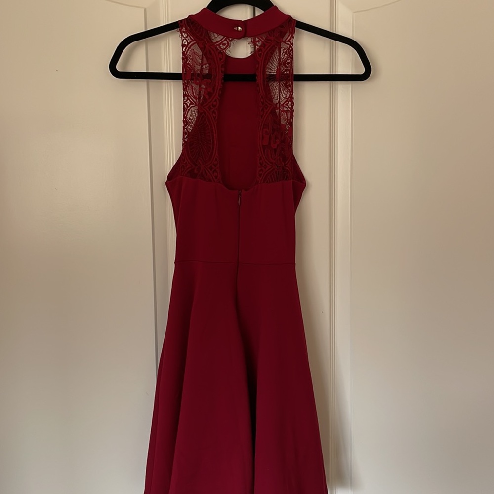 LULU’s halter neck skater dress lace detail on back-deep red(almost mahogany red - Picture 6 of 7